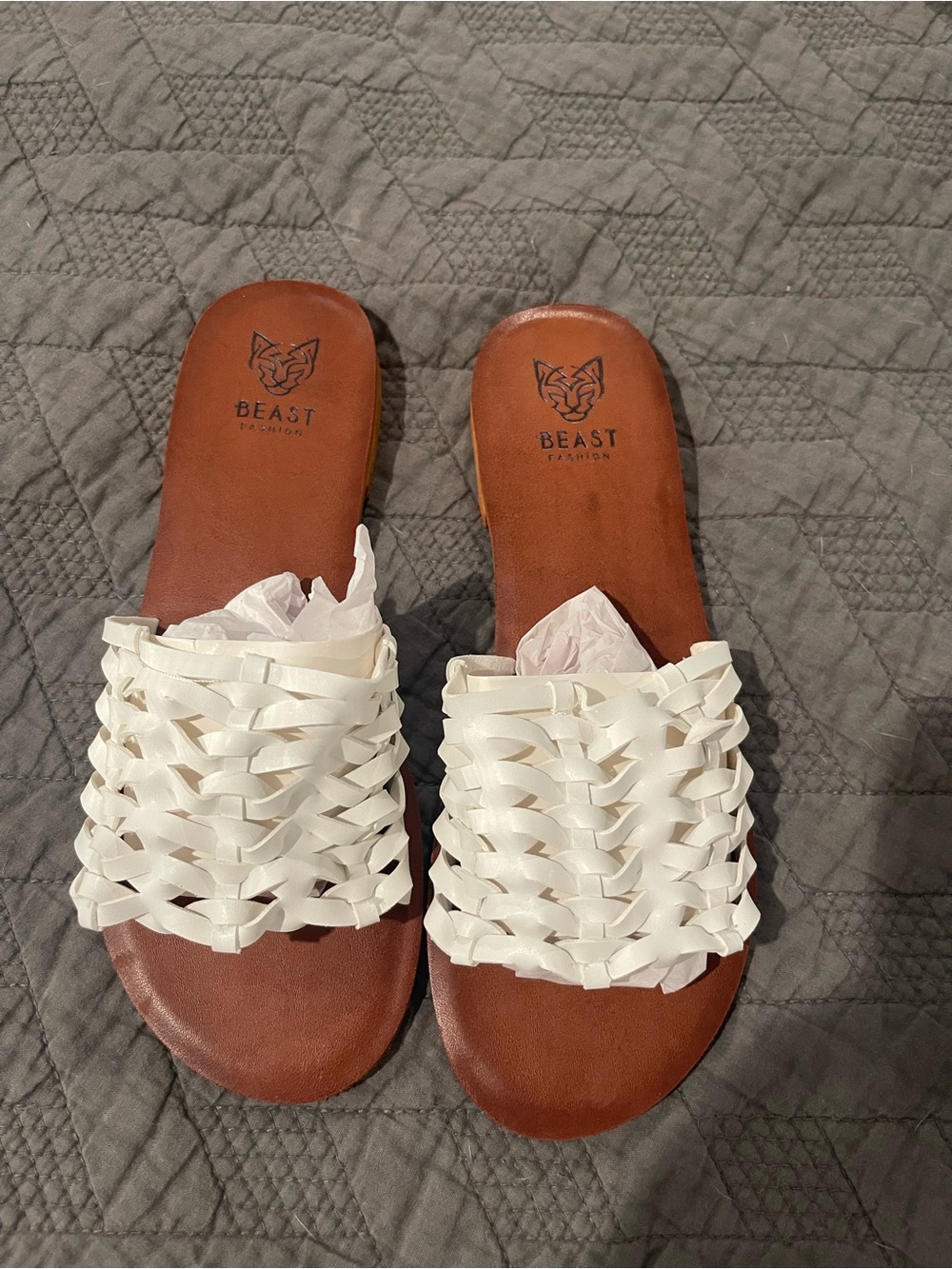 BEAST FASHION White Woven Slide Sandals with Brown Footbed